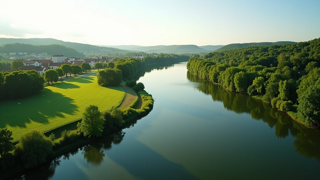 Aerial view of Vltava River bend with grassy riverside banks and dense forest coverage