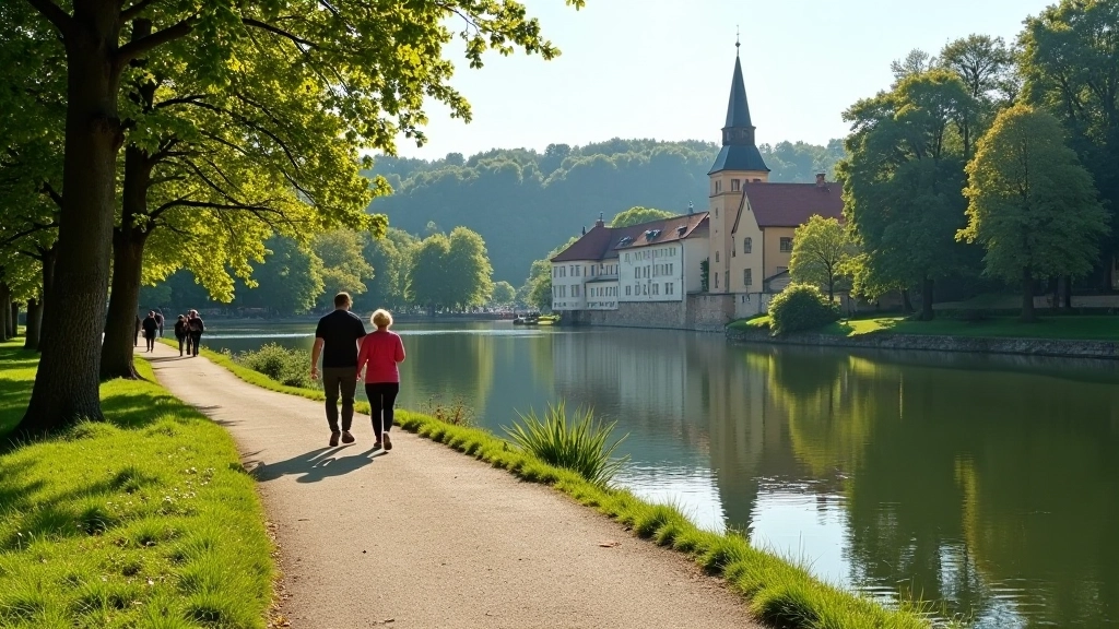 Scenic riverside path with traditional buildings reflecting in calm water near historic town