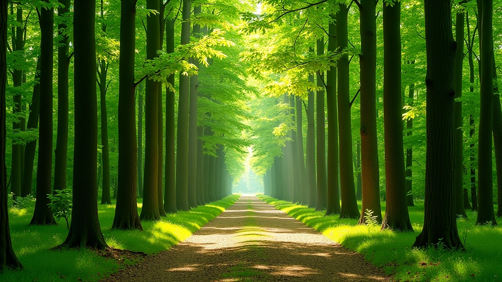 Lush green beech forest with dappled sunlight creating patterns on the forest floor