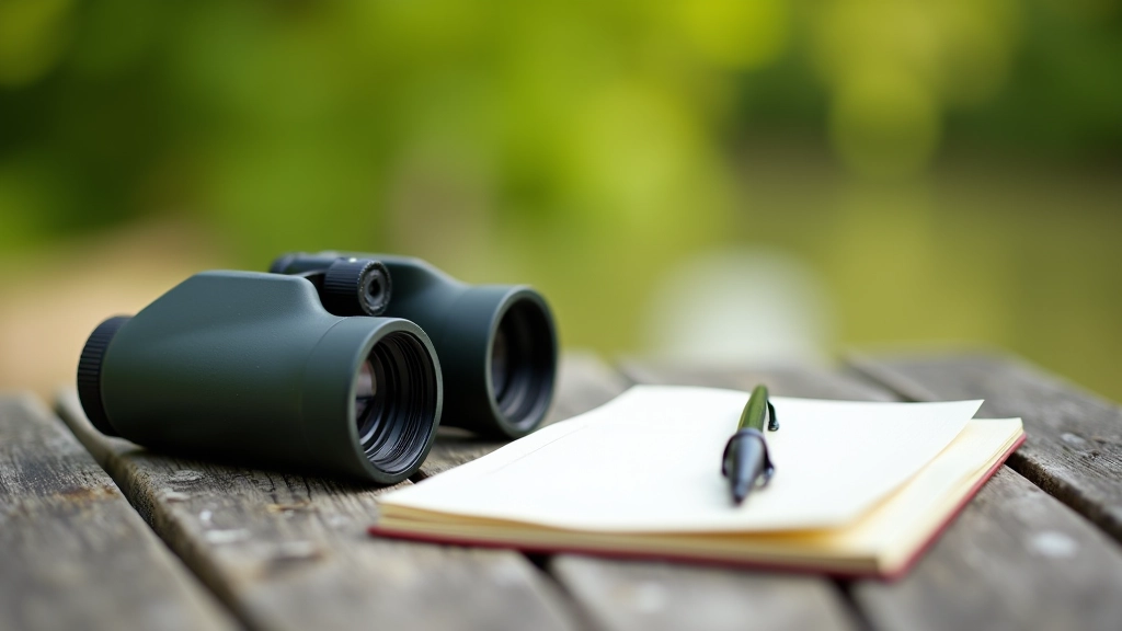 Binoculars and birdwatching field guide notebook on outdoor table