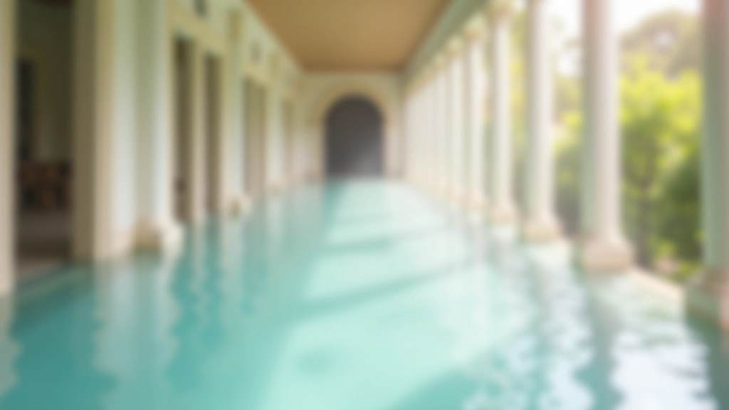 Elegant colonnades with white columns framing thermal water and spa architecture