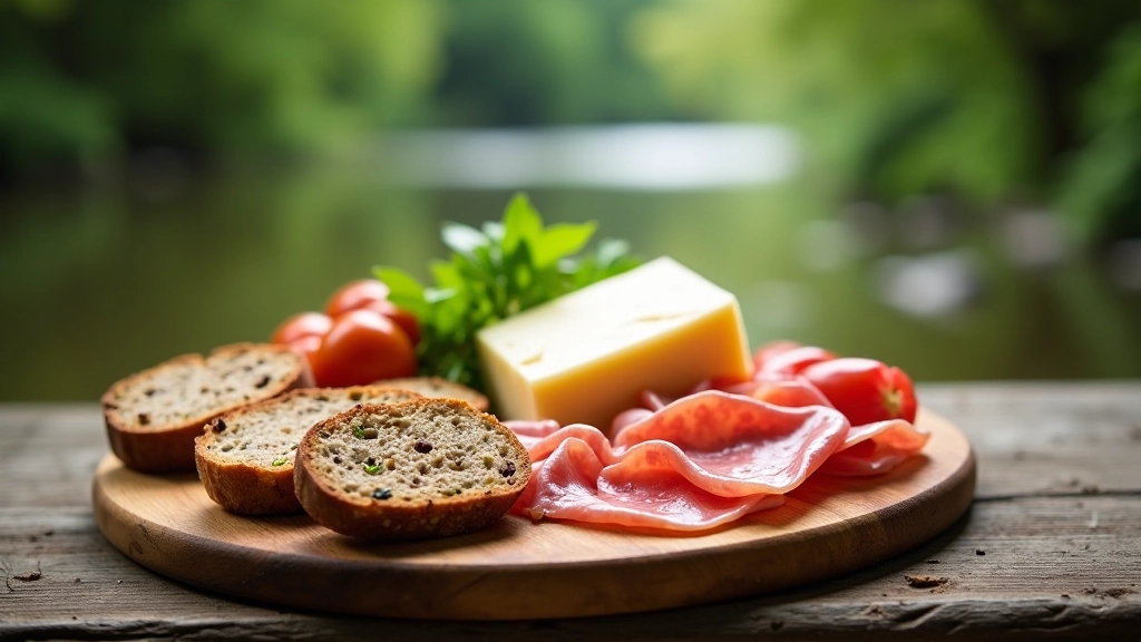 Local Czech cheeses, cured meats, dark bread and fresh vegetables arranged on wooden board by river