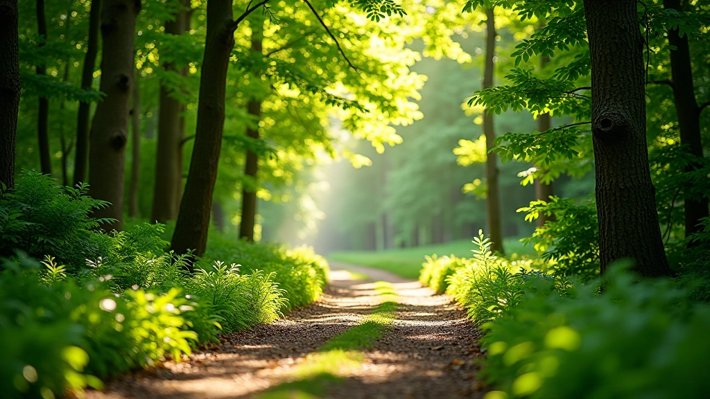 Forest trail winding through dense green trees with sunlight filtering through canopy