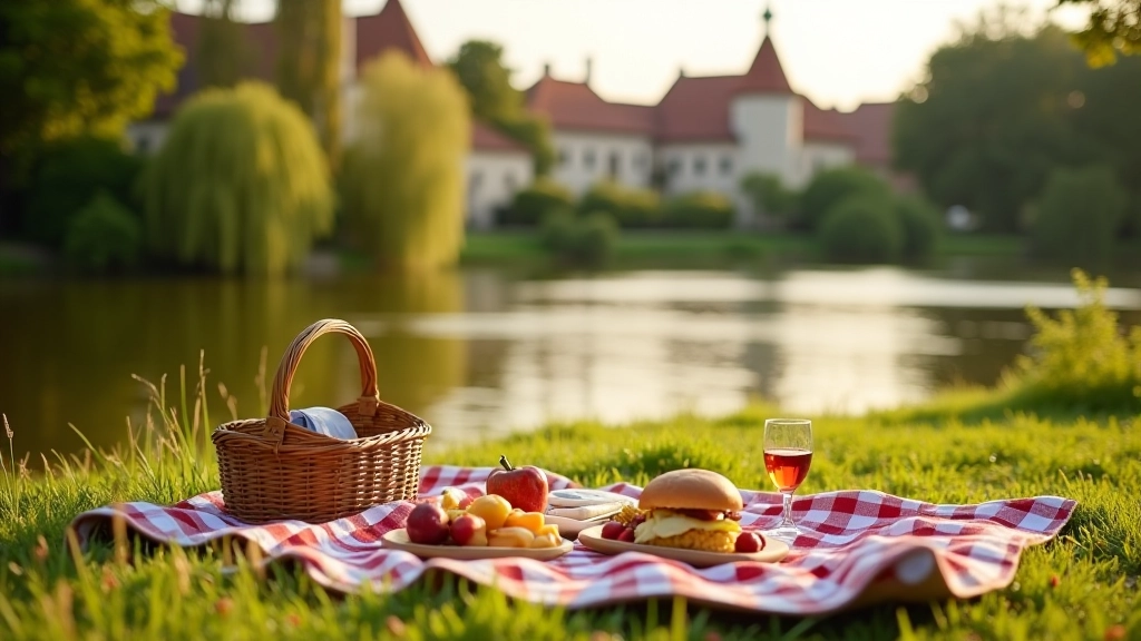 Picnic blanket spread by river with traditional Czech architecture visible across the water