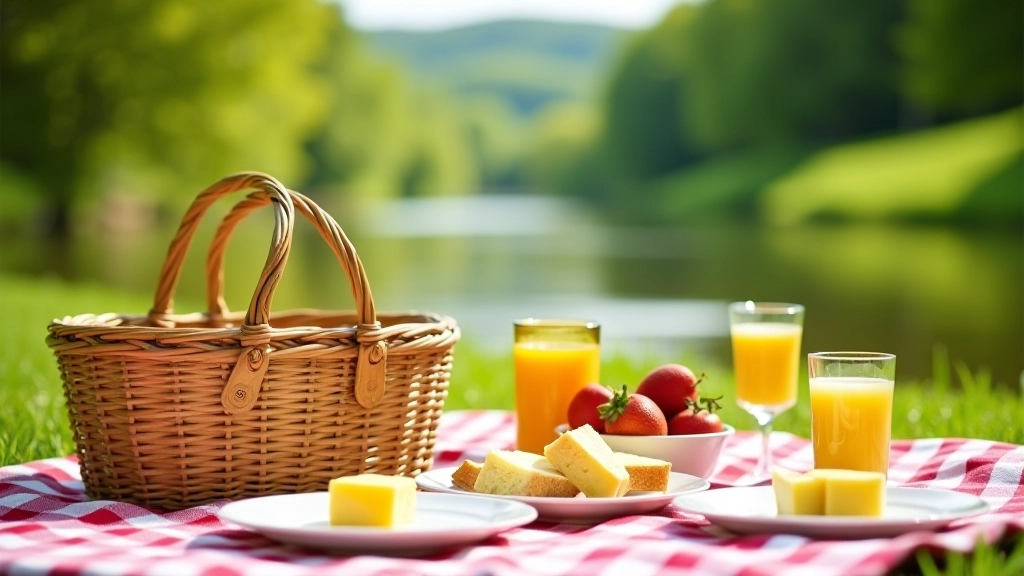 Well-organized picnic setup with basket, plates, drinks and fresh produce arranged on checkered blanket