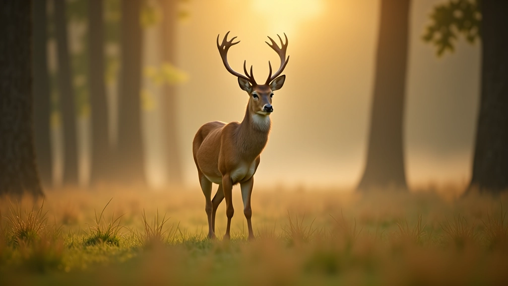 Deer standing alert in a forest clearing with morning mist and green vegetation