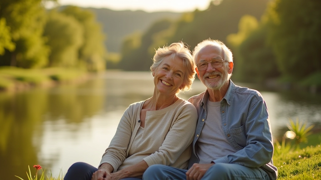 Senior couple enjoying outdoor picnic by calm riverside water with forest backdrop