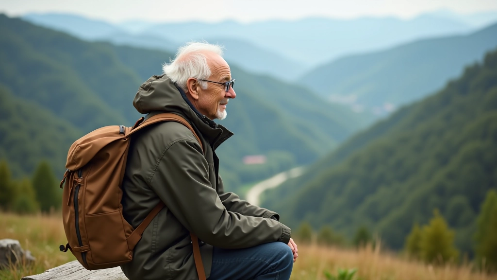 Hiker wearing proper gear sitting on a bench overlooking a forested valley