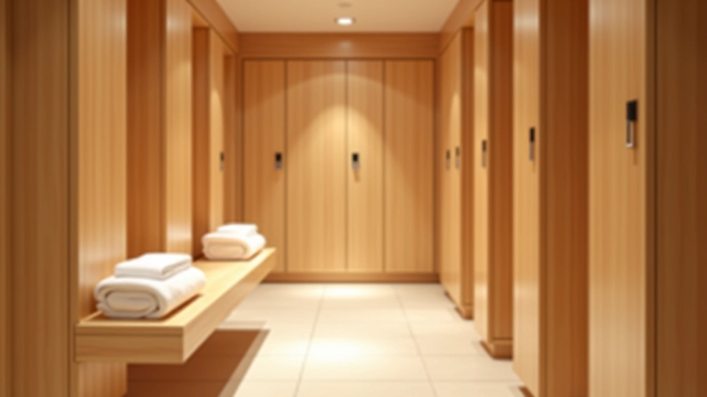 Spa changing room with wooden lockers and spa towels neatly arranged
