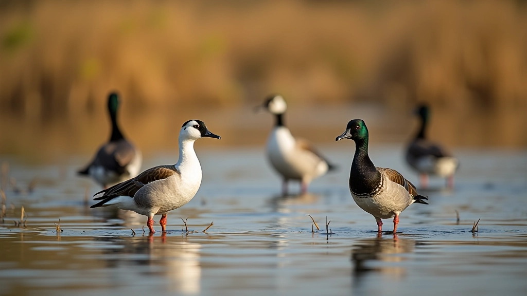 Bird perched on wetland reeds with water and other waterfowl in blurred background