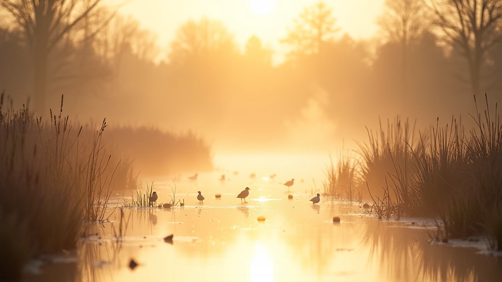 Spring morning at Třeboň wetlands with emerging vegetation and birds in early light