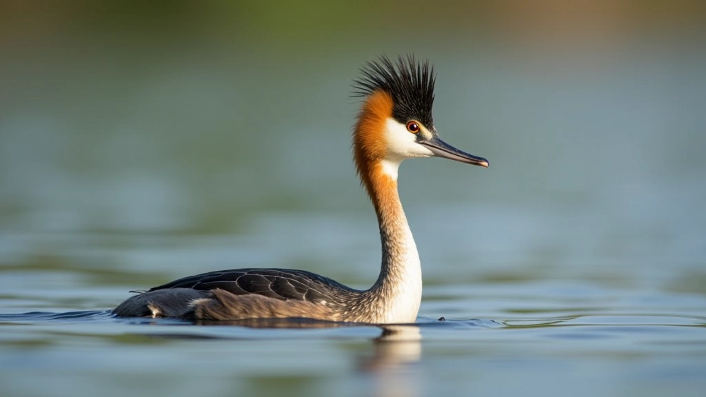 Close-up of a great crested grebe on water with distinctive head crest visible