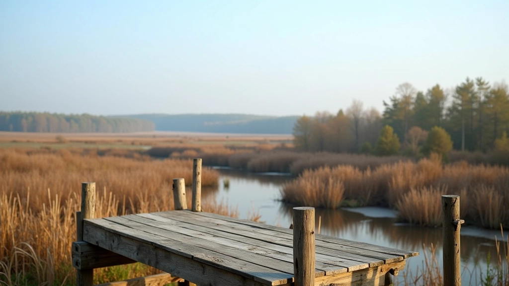 Wooden viewing tower platform overlooking Třeboň wetland ponds with reedbeds
